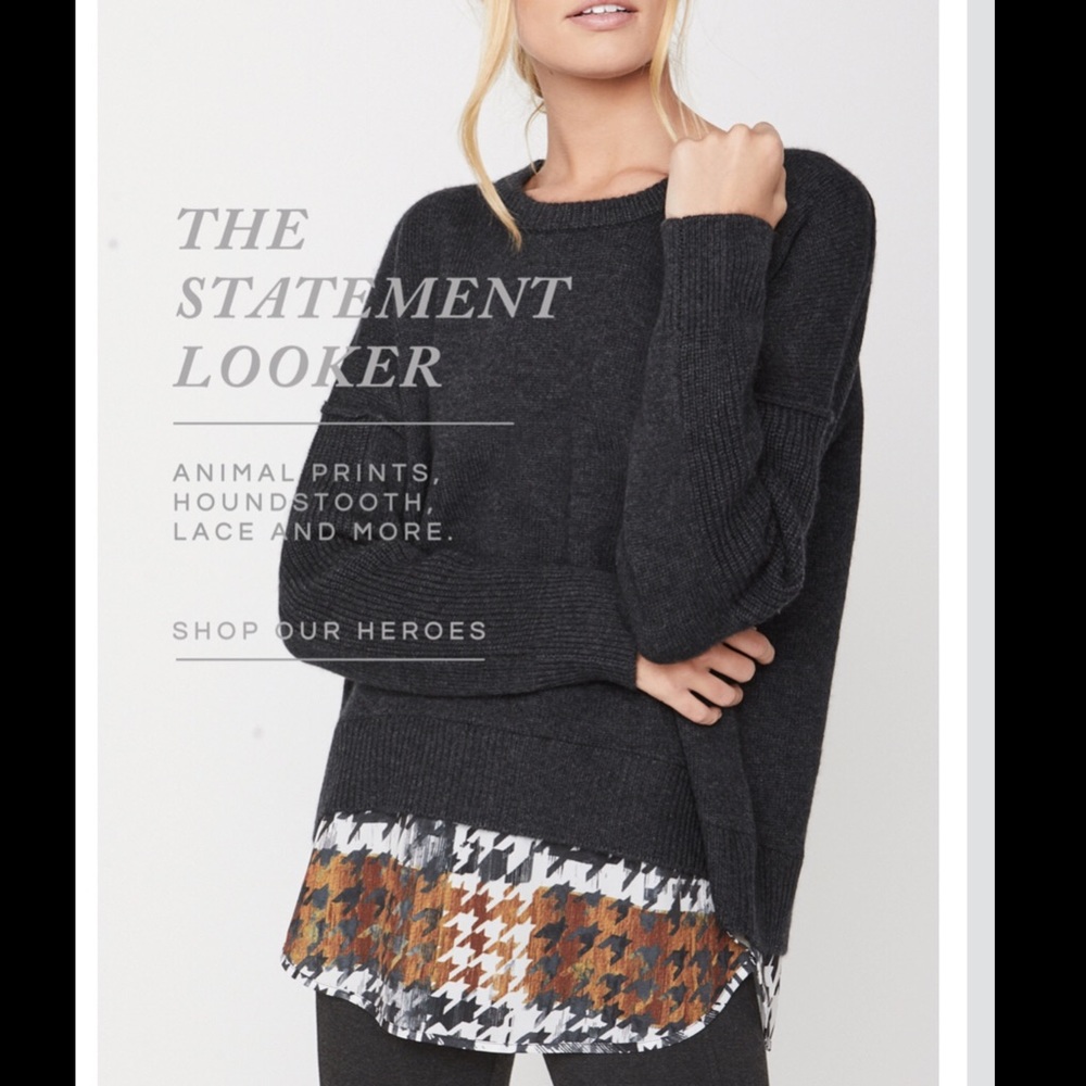 Brochu Walker Charcoal Layered Crewneck Sweater with Houndstooth Hem